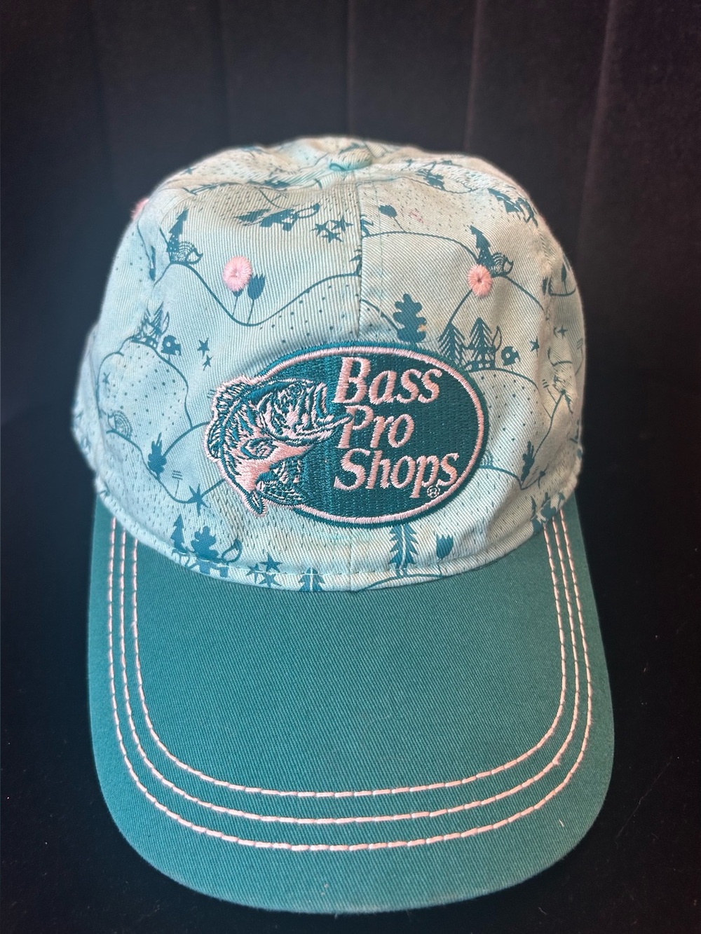 Bass Pro Shops Snapback Hat Teal Mint Green Allover Print Pink Undervisor